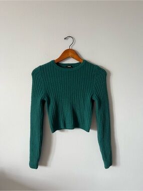 Express Teal Ribbed Crewneck Cropped Sweater